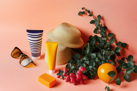 Summer skincare essentials with hat, sunglasses, and skincare products on a peach background.の写真素材