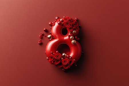 Festive red balloon number eight adorned with roses and baubles on red background.の写真素材