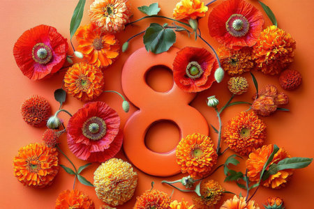 Vibrant orange flowers surrounding number eight on bright background.