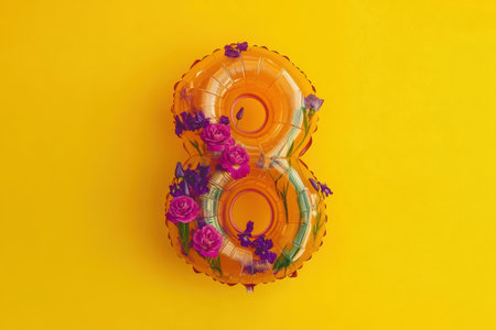 Orange number eight balloon with purple flowers on vibrant yellow background.の写真素材