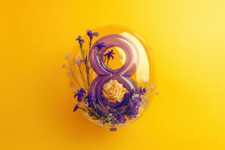 Vibrant floral balloon with yellow rose and purple flowers on yellow background.の写真素材