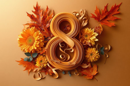 Elegant number eight with autumn leaves and flowers on a warm background.の写真素材