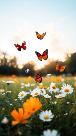 Butterflies fluttering over vibrant wildflower meadow at sunset.