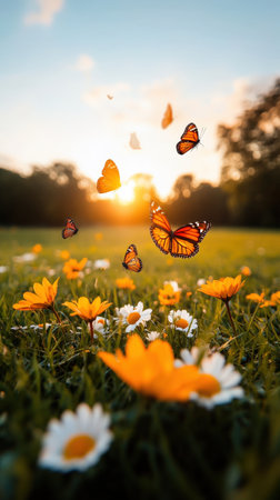 Vibrant butterflies and wildflowers in sunny meadow at sunset.の写真素材
