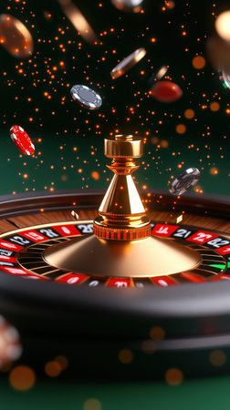 Spinning roulette wheel with flying chips and sparkling lights in casino.
