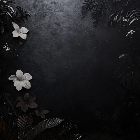 Dark floral background with tropical leaves and white flowers.