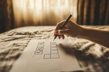 Female hand marking checklist on paper with pen in cozy room setting.の写真素材