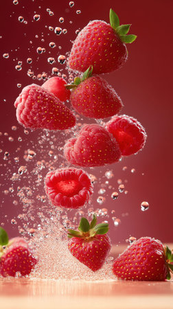 Fresh strawberries and raspberries splashing in sparkling water.の写真素材