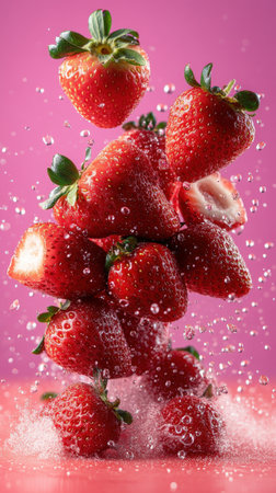Fresh strawberries splashing in water against a pink background.の写真素材