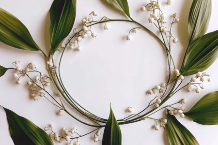 Lily of the valley wreath with green leaves on white background.の写真素材