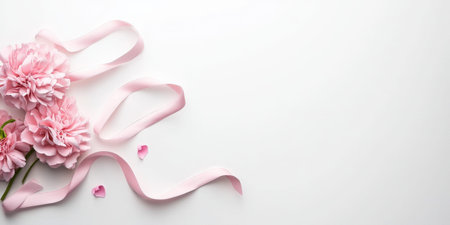 Pink carnations and ribbon on white background with heart petals.