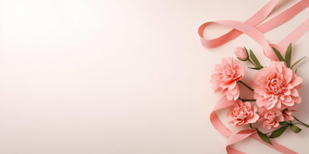 Elegant pink carnations with ribbon on soft beige background.の写真素材