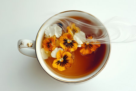 Steaming cup of herbal tea with colorful edible flowers and petals on white background.の写真素材