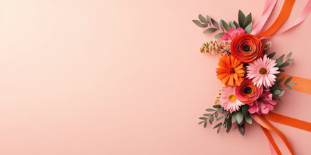 Vibrant floral arrangement on peach background with pink and orange blooms.の写真素材
