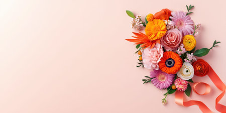Vibrant floral arrangement on soft pink background with colorful flowers and ribbon.