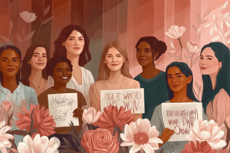 Diverse group of young women celebrating empowerment among flowers.の写真素材