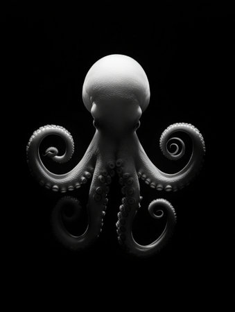 Monochrome octopus silhouette against black background.の写真素材