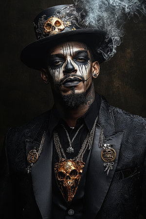 African adult male in gothic attire with skulls and smoke.の写真素材