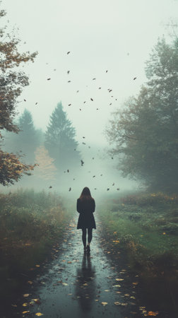 Solitary female walking along misty path in autumn forest.の写真素材