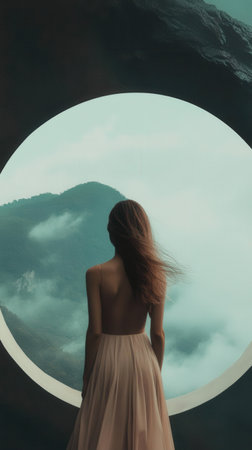 Dreamy landscape view with young female gazing through circular window.の写真素材