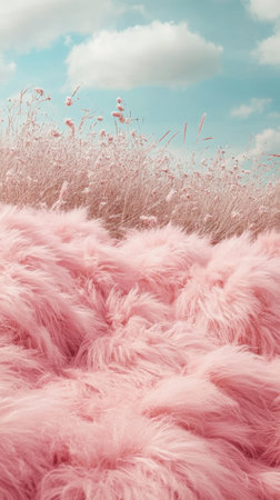 Dreamlike pink furry landscape with cloudy sky and pastel grasses.の写真素材