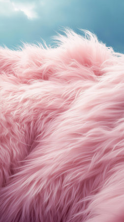 Soft pink fluffy furry texture against blue sky.の写真素材