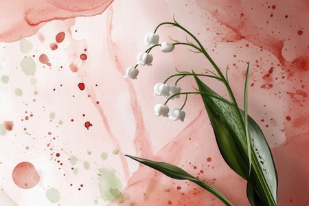 Lily of the valley on artistic watercolor background with green leaves.の写真素材