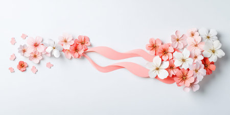Delicate pink and white cherry blossoms with flowing pink ribbon on white background.