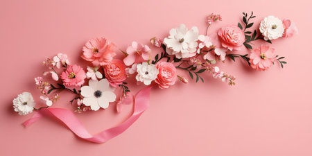 Elegant pink and white floral arrangement with ribbon on pink background.の写真素材