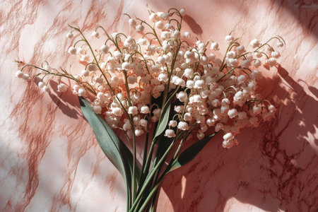 Lily of the valley bouquet on marble pink background with soft shadows.の写真素材