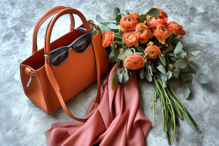 Elegant orange handbag with sunglasses and ranunculus bouquet on gray background.の写真素材