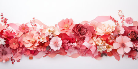 Colorful paper flower arrangement with pink and red shades on white background.の写真素材