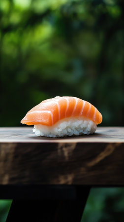 Fresh salmon nigiri on dark wooden surface with soft green background.の写真素材