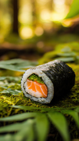 Salmon sushi roll on moss in forested setting.の写真素材