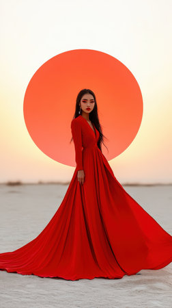 Asian young female in elegant red dress with dramatic orange sun backdrop in desert.の写真素材