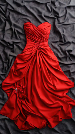 Elegant red evening gown with floral detail on textured black fabric.の写真素材