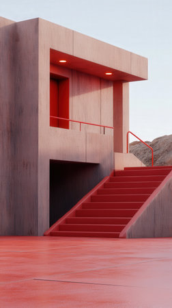 Modern red concrete structure with bold architectural design and stairs at sunset.の写真素材
