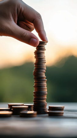 Hand stacking coins against sunset background.