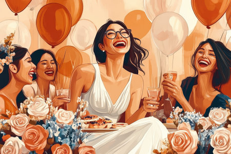Joyful Asian women celebrating with balloons and flowers.の写真素材