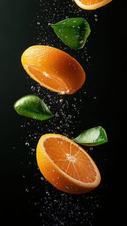 Fresh orange slices and green leaves with water droplets on black background.の写真素材
