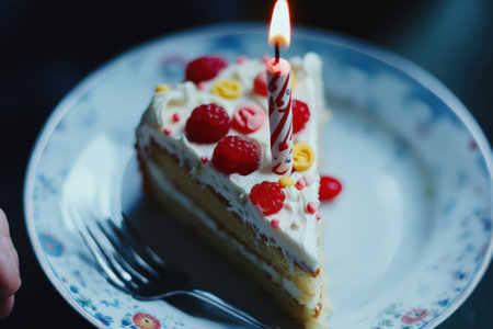 Slice of birthday cake with candle and raspberries on floral plate.の写真素材