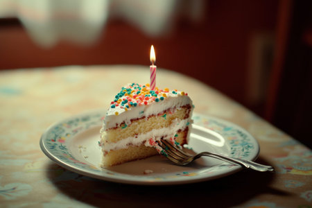 Slice of birthday cake with sprinkles and lit candle on a plate.