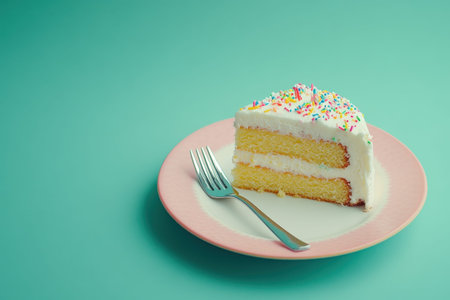 Slice of vanilla cake with white frosting and sprinkles on a pink plate.の写真素材