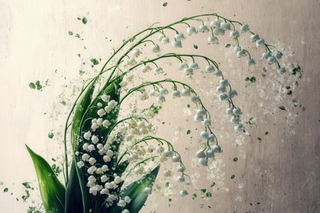 Elegant lily of the valley flowers with delicate green leaves.の写真素材