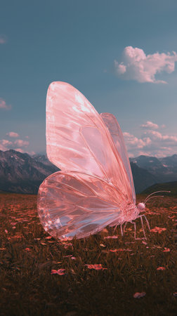 Transparent butterfly in scenic mountain landscape under blue sky.の写真素材