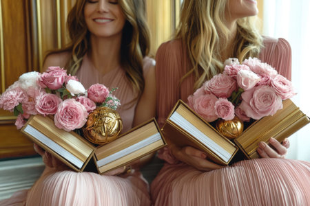Two young caucasian women holding books and pink flowers in elegant setting.の写真素材
