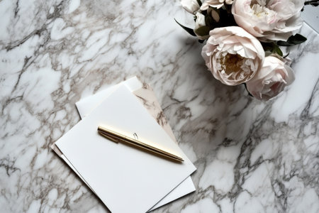 Elegant writing setup with gold pen and flowers on marble surface.の写真素材