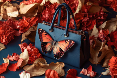 Elegant blue handbag with butterfly design amidst red and brown autumn leaves.