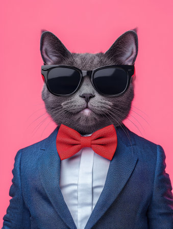 Fashionable cat in sunglasses and suit with red bow tie against pink background.の写真素材