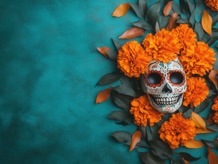 Decorative sugar skull with marigolds on teal background for day of the dead celebration.の写真素材